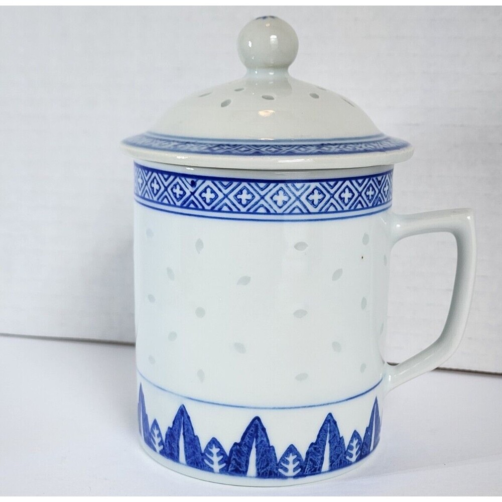 Vtg Jingdezhen Chinese Blue & White Translucent Rice Grain Lidded Tea Cup Mug
